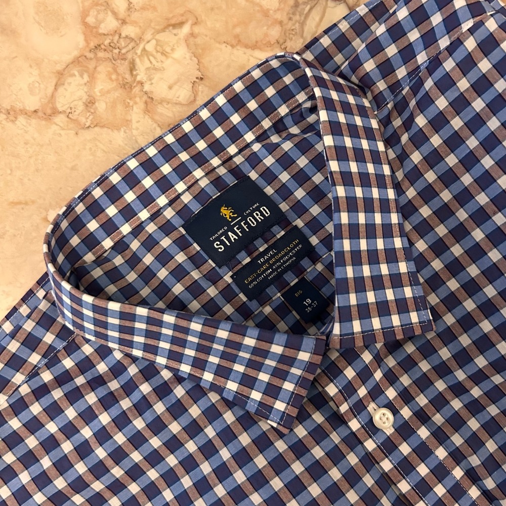 NWT STAFFORD Travels Broadcloth Big & Tall Size 19 36-37 Burgundy Blue Check